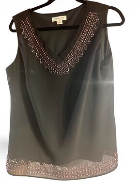 Coldwater Creek Black Sleeveless V-Neck Top with Rose-Gold Beading
